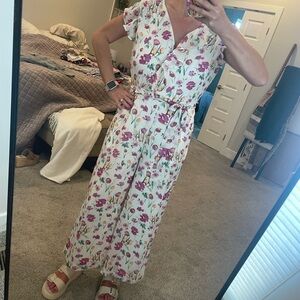 Danny & Nicole White Floral Wrap Jumpsuit with Pink Print